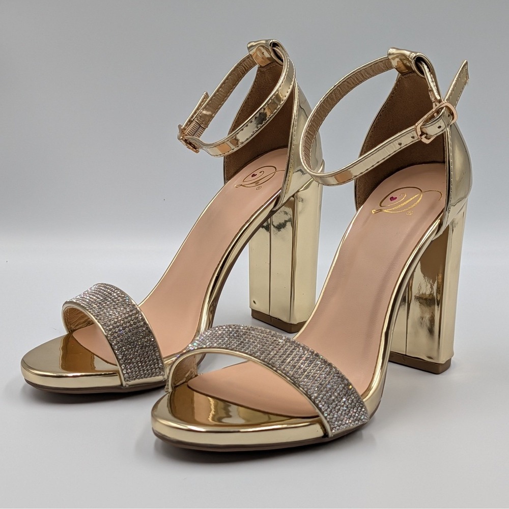 My Delicious Shoes Laser Gold Rhinestone Chunky Block Heel Sandals Womens Size 6